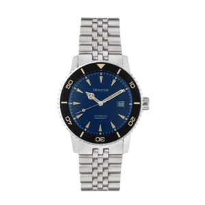 The Heritor Automatic Hurst Bracelet Watch (Navy, HERHS1902) features a silver metal link strap, blue watch face, black bezel, silver hour markers, visible Heritor branding, date display, and "Automatic 200M/660FT" text. Brand new.