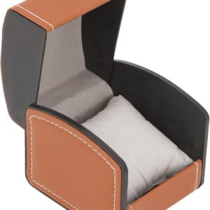 An oatmeal beige PU leather watch box with white stitching, open to reveal a light grey cushioned interior for holding a watch.