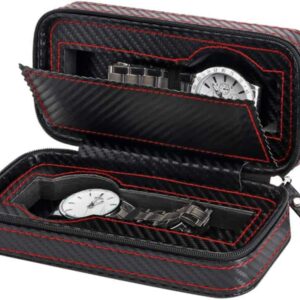 A Watch Storage Box, Travel Case (Black, 2 Slots) with carbon-fibre texture and red stitching holds two wristwatches in separate compartments; one compartment lid is partially open.