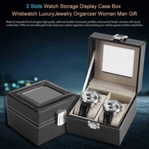 Two Watch Storage Box 2 Slots PU Leather in black with white stitching—one closed, one open holding two watches. The background promotes them as luxury organisers suitable for both men and women.