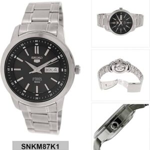 The Seiko 5 Automatic 21 Jewels SNKM87K1 watch features a black dial, silver hour markers, day/date display, and stainless steel link bracelet. Four detailed shots showcase the men's watch from different angles.