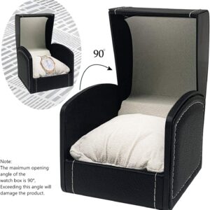 Watch Box (Black - PU Leather) shown open at a 90° angle with a watch inside. Designed like a mini armchair in black and grey. Please do not open past 90° to prevent damage.