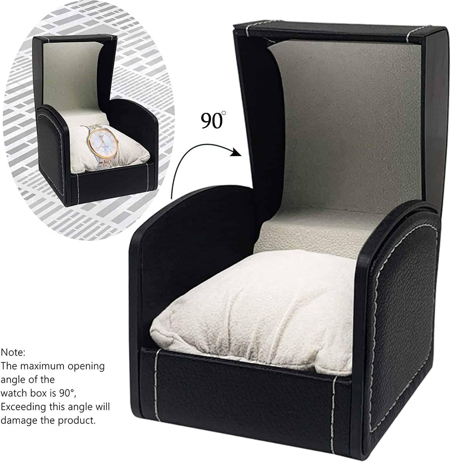 Watch Box (Black - PU Leather) shown open at a 90° angle with a watch inside. Designed like a mini armchair in black and grey. Please do not open past 90° to prevent damage.