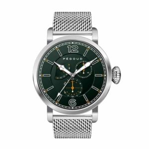 The Pegoud Gents Premiere Meca Quartz Chronograph Watch features a green dial with white numerals and hands, two sub-dials, a silver Milanese strap, and the Pégoud brand name. Brand new.