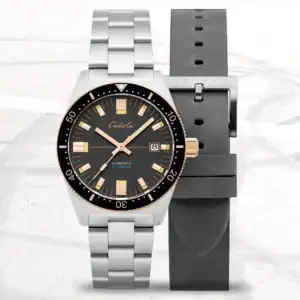 The Cadola Noumea Men's Japanese Automatic Rose Brown Watch CD-1005-55 BRAND NEW is shown with a silver metal strap, black-and-gold bezel, black dial, date display, and an extra black leather strap with a silver buckle on a light textured background.