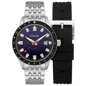 The Cadola Gents Tahiti Automatic Watch in Blue (CD-1006-11) features a black and silver metal strap, dark blue dial, luminescent markers, date window, and includes a branded black rubber strap. BRAND NEW.