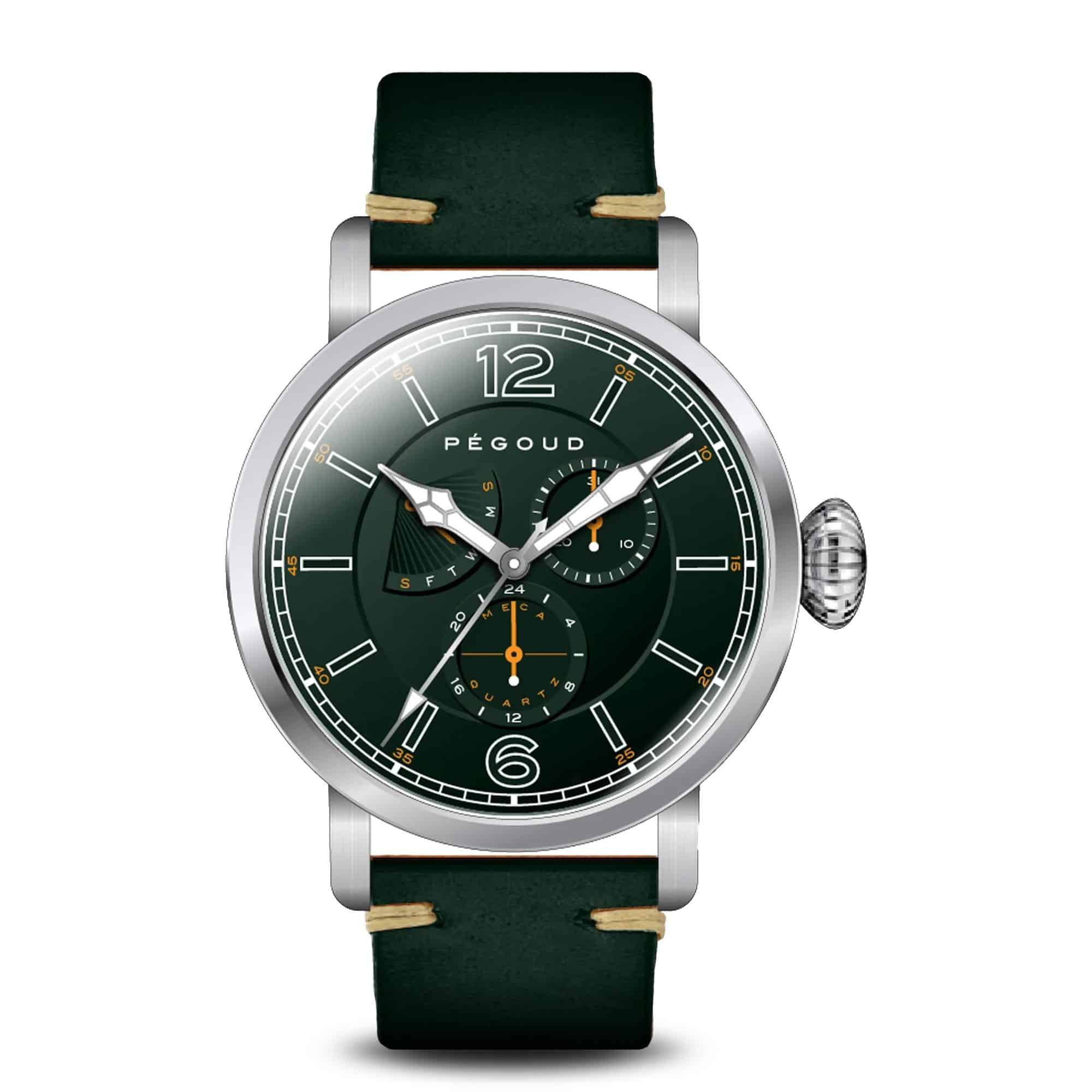 The Pegoud Gents Premiere Meca Quartz Watch features a dark green dial, silver bezel, black genuine leather strap, three sub-dials, white and orange accents, and the PÉGOUD logo at the top centre. Brand new with tags.