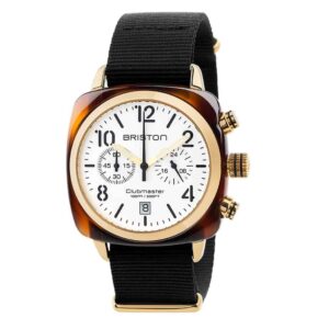 A brand new BRISTON CLUBMASTER CLASSIC ACETATE GOLD 17140.PYA.T.2.NB wristwatch featuring a tortoiseshell square case, white dial with black numerals, three sub-dials, gold accents, and a black fabric strap.