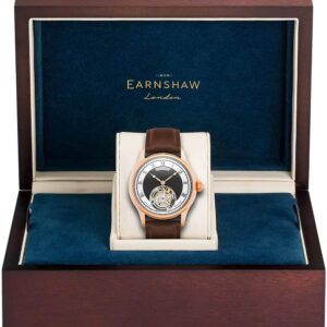 The Thomas Earnshaw 'Palmerston' Rose Gold Tourbillon ES-8213-03 Limited Edition wristwatch (27/40, RRP £2920.00) features a brown leather strap, openwork mechanism, metallic details, and comes in an open wooden box with navy blue interior.