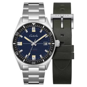 The Cadola Gents Noumea Automatic Watch features a stainless steel bracelet, deep blue dial with beige markers, date window at 3 o'clock, and includes an extra dark green leather strap. BRAND NEW.