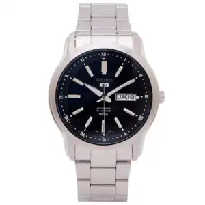 The Seiko 5 Automatic Black Dial SNKP11K1 Men's Watch features a silver metal link strap, black face with Roman numerals, and day-date display showing MON 18.