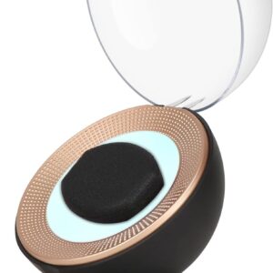 The Watchaholic Automatic Watch Winder features a modern, space age black and gold circular design with a transparent hinged lid, cone-shaped base, textured gold rim, and central black pad. One-button operation. BRAND NEW.