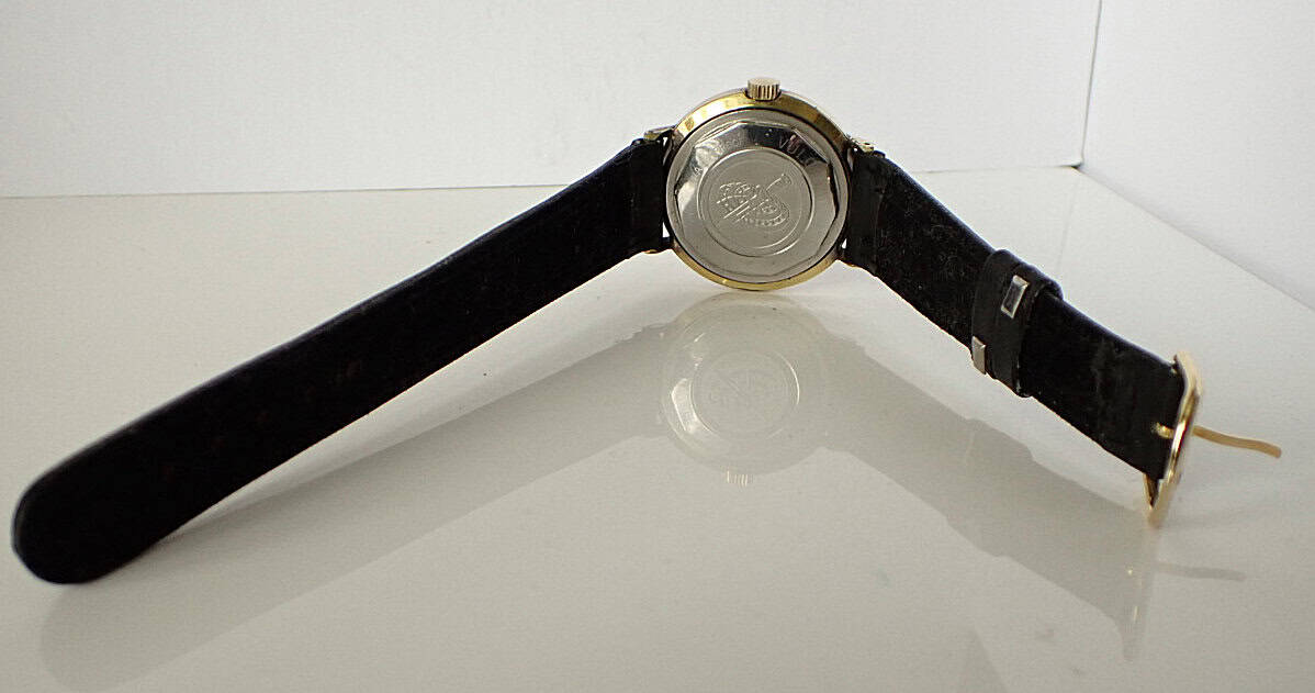 Leather strap wristwatch with metal case back and branding details.