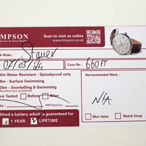 Stampler watch service tag with watch image, 30m water resistance, swimming & snorkeling verification.