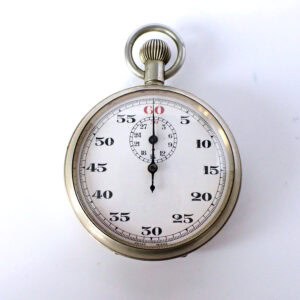 Silver stopwatch with white dial and black numerals, precision timing instrument for sports and events.