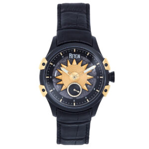 The Reign Solstice Automatic Semi-Skeleton Watch features a black leather strap, black case, and gold sunburst dial with sub-dial. Limited stock at this price—brand new!.