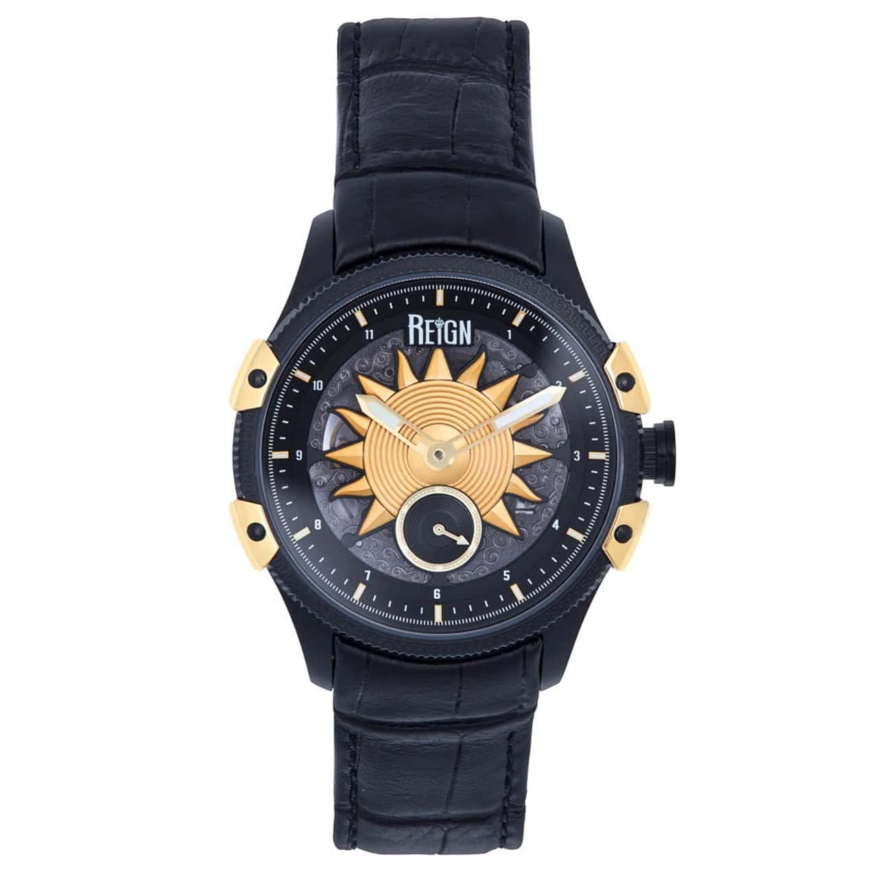 The Reign Solstice Automatic Semi-Skeleton Watch features a black leather strap, black case, and gold sunburst dial with sub-dial. Limited stock at this price—brand new!.