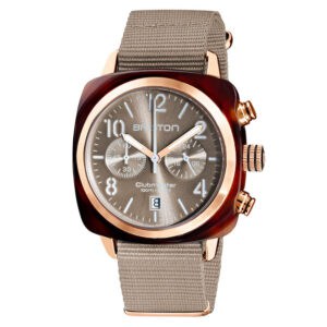 Brexton Clubmaster watch with rose gold case and beige fabric strap, stylish men's chronograph timepiece.