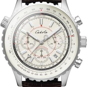 The Cadola Volaron Chronograph Watch CD-1009-01 features a silver case, white chronograph dial with three sub-dials, black and red accents, date window, and a dark brown crocodile-pattern leather strap. Save 60% on this brand new watch!.