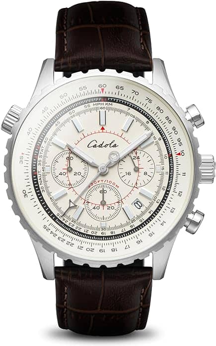 The Cadola Volaron Chronograph Watch CD-1009-01 features a silver case, white chronograph dial with three sub-dials, black and red accents, date window, and a dark brown crocodile-pattern leather strap. Save 60% on this brand new watch!.