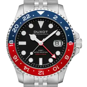 The DUXOT ATLANTICA GMT Classic DX-2034-22 PEPSI (RRP £458) features a stainless steel case, black dial, date window, blue-red bezel, metal link bracelet, and is water resistant to 150 metres.