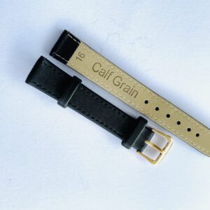 A Genuine Leather Watch Strap 16mm in black with a gold coloured buckle, showing the underside labelled "Calf Grain" against a white background.