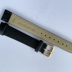 Two Genuine Leather Watch Straps, 16mm Black Extra Long; both have beige undersides stamped "16XL GENUINE LEATHER." One strap features a gold coloured buckle, the other is without a buckle. Both are displayed on a white surface.