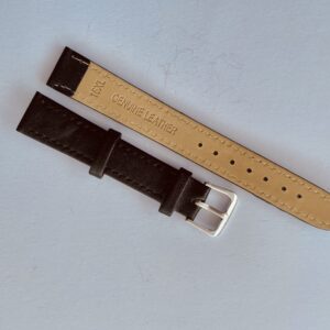 The Genuine Leather Watch Strap 16mm Black Extra Long (XL) features a silver coloured buckle and tan underside stamped with '16 XL' and 'GENUINE LEATHER', displayed on a light surface.