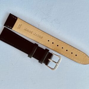 A Genuine Leather Watch Strap 18mm Extra Long (XL) with a gold-coloured buckle is displayed on a light blue surface, showing both front and tan-stamped back ("18XL GENUINE LEATHER").