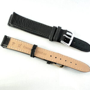 The Genuine Leather Watch Strap - Black 16mm Silver Coloured Buckle XL is shown on a white background, featuring black leather with stitching, a silver buckle, and tan underside stamped "16 XL Genuine Leather.