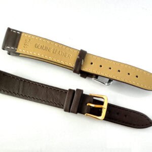 Two Genuine Leather Watch Straps - Brown 16mm XL are shown: one displays the tan underside marked "Genuine Leather", while the other shows the brown top with a gold coloured buckle, both set against a white background.