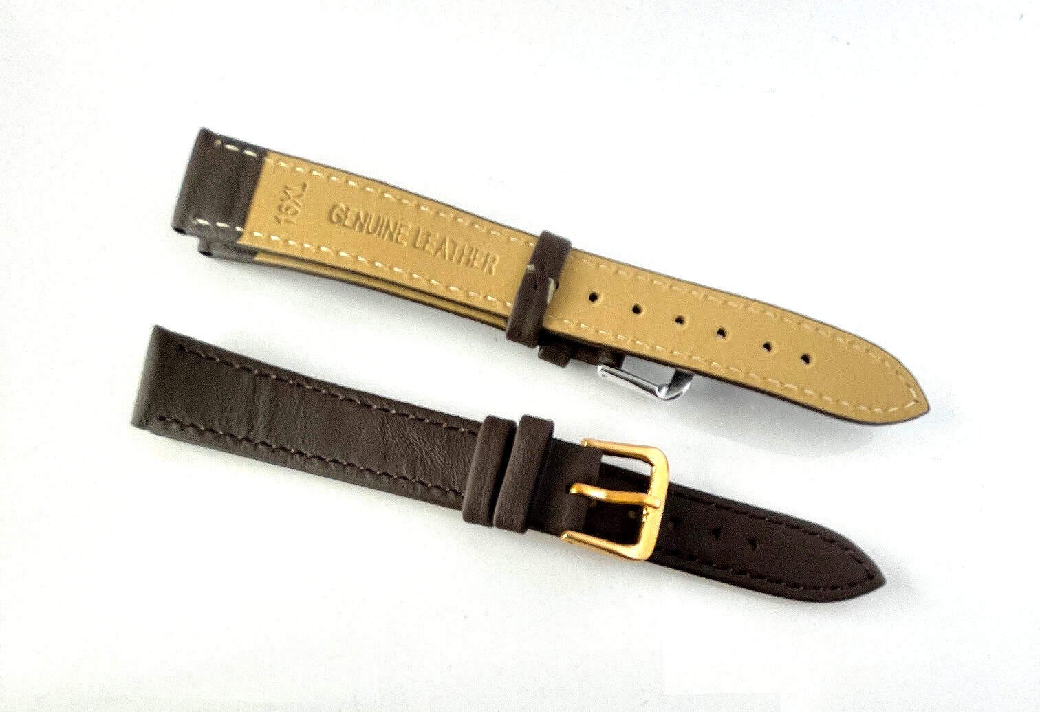 Two Genuine Leather Watch Straps - Brown 16mm XL are shown: one displays the tan underside marked "Genuine Leather", while the other shows the brown top with a gold coloured buckle, both set against a white background.