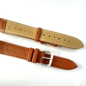 Two Genuine Leather Watch Strap - Tan 18mm Silver Coloured Buckle XL are displayed on a white surface: one shows the back with "18XL GENUINE LEATHER" text, the other displays the front with white stitching and a silver buckle.