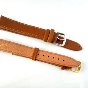 Two tan genuine leather watch straps are displayed parallel on a white surface. One features a silver coloured buckle and is 16mm XL, highlighting the Genuine Leather Watch Strap - Tan 16mm Silver Coloured Buckle XL.