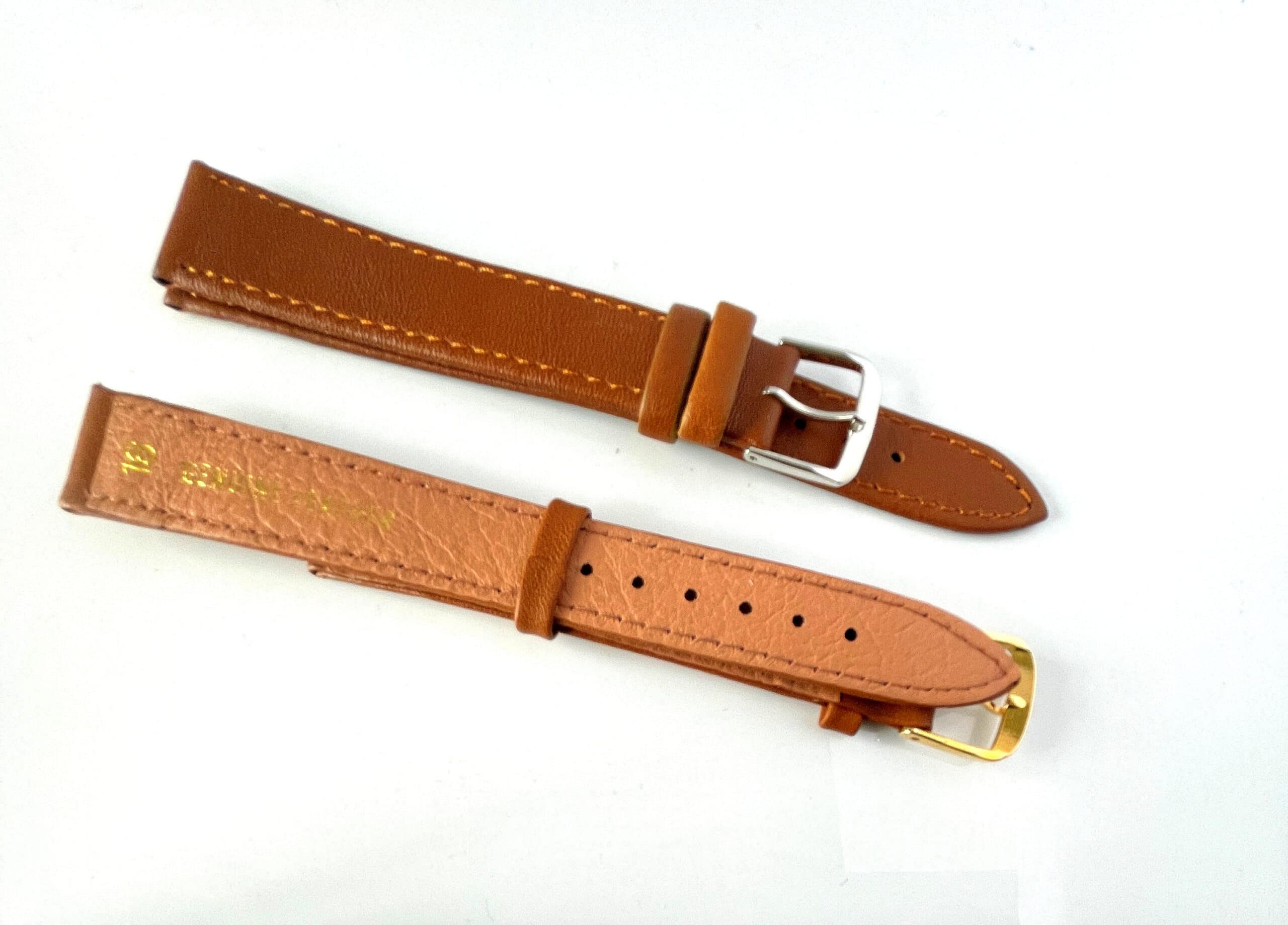 Two tan genuine leather watch straps are displayed parallel on a white surface. One features a silver coloured buckle and is 16mm XL, highlighting the Genuine Leather Watch Strap - Tan 16mm Silver Coloured Buckle XL.