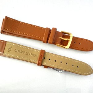Two Genuine Leather Watch Straps - Tan 18mm Gold Coloured Buckle XL are shown on a white background: one displays the gold buckle and top side; the other shows the underside stamped "18XL Genuine Leather.