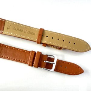 Two Genuine Leather Watch Straps - Tan 18mm Silver Coloured Buckle XL straps with white stitching, one displaying the buckle and the other showing "Genuine Leather" and "18XL" stamped on the underside against a white background.
