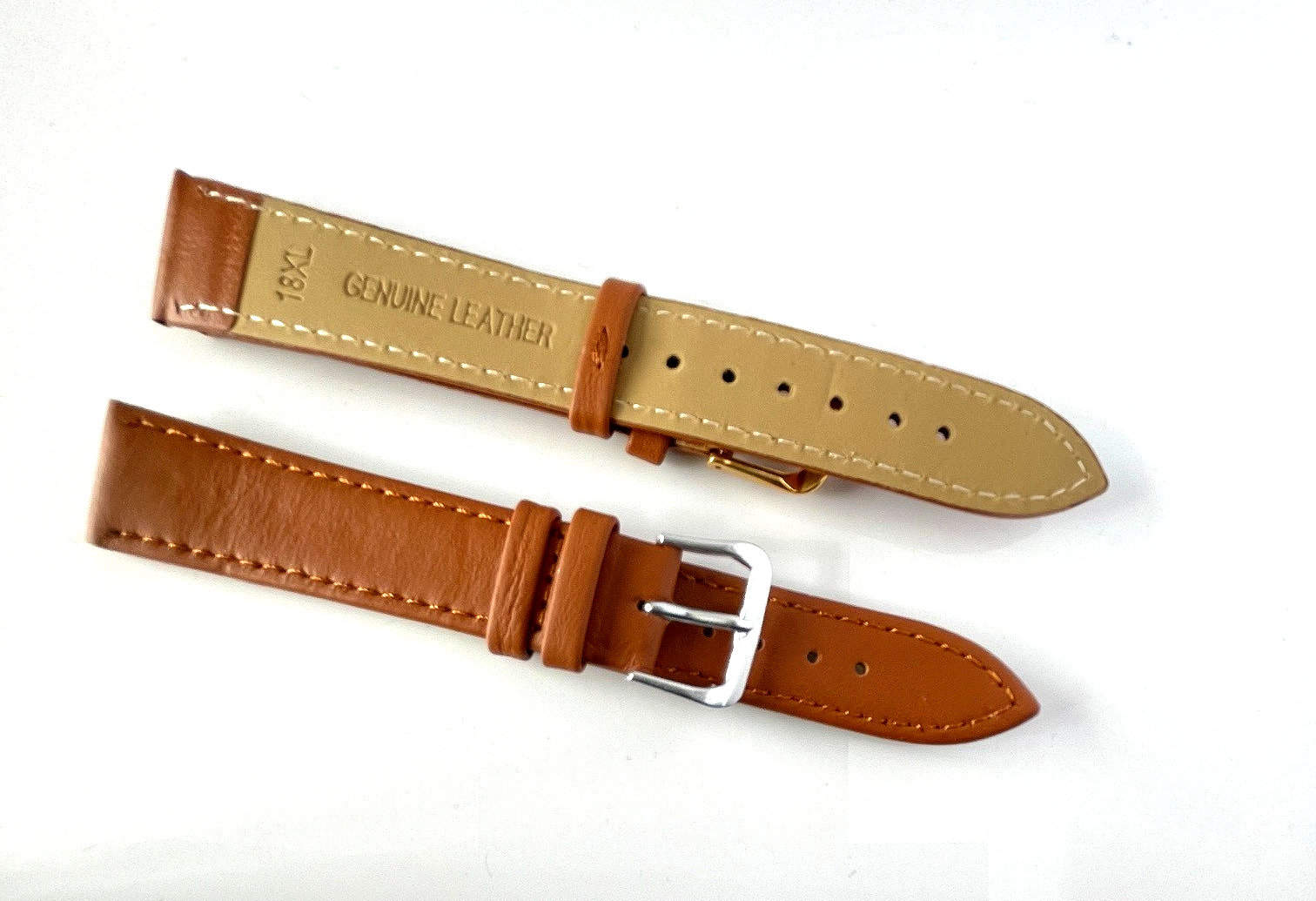 Two Genuine Leather Watch Straps - Tan 18mm Silver Coloured Buckle XL straps with white stitching, one displaying the buckle and the other showing "Genuine Leather" and "18XL" stamped on the underside against a white background.