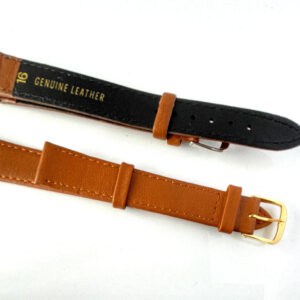 Two Genuine Leather Watch Straps - Tan 16mm Gold Coloured Buckle XL straps shown on a white background: one displays the black underside labelled GENUINE LEATHER, the other highlights the gold buckle and tan stitching.