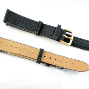 Two Genuine Leather Watch Straps - Black 16mm Gold Coloured Buckle XL, one showing the gold buckle and the other displaying a tan underside with "16 Genuine Leather" stamped, are set on a white background.