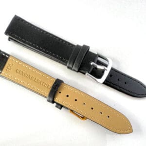 Two Genuine Leather Watch Straps are shown side by side on a white background: one is black (18mm, silver buckle, XL) and the other is tan with "16A GENUINE LEATHER" stamped underneath and a gold buckle.