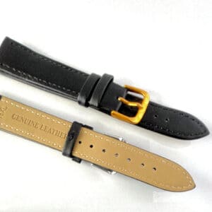 Two Genuine Leather Watch Straps (Black, 18mm, XL) are shown: one face up with a gold coloured buckle, and one face down displaying "GENUINE LEATHER" and "18K4" stamped in gold on the tan underside.
