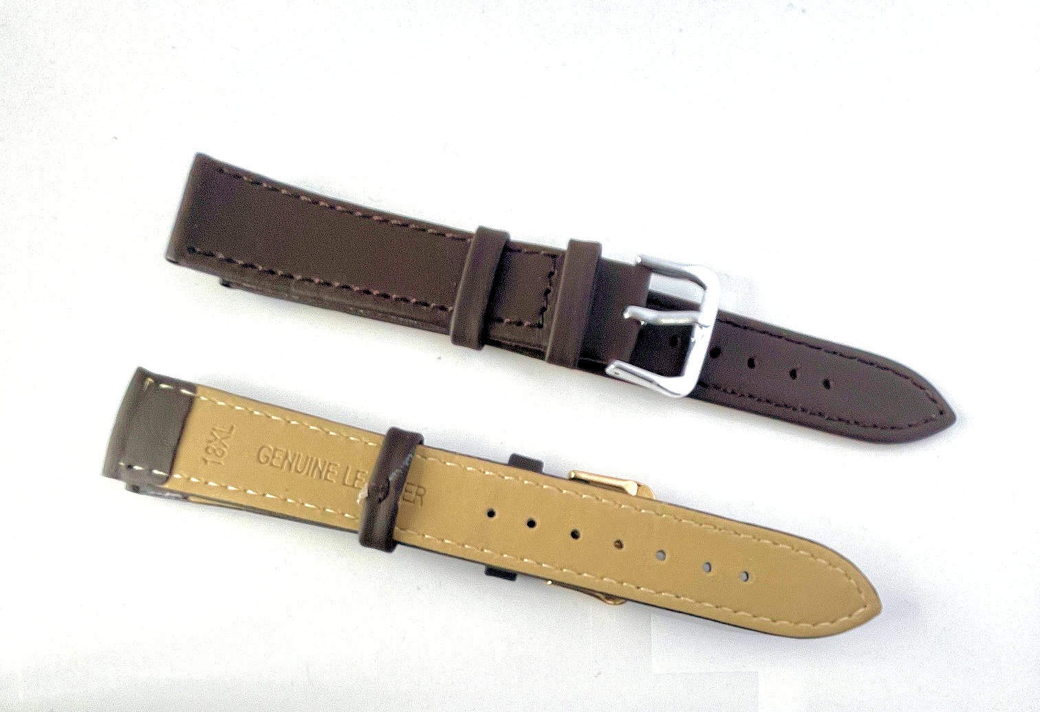 Two Genuine Leather Watch Straps - Brown 18mm XL: the top shows the outer side with a silver coloured buckle, whilst the bottom is flipped to reveal its tan underside marked “GENUINE LEATHER 18K.”.