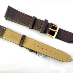The Genuine Leather Watch Strap - Brown 18mm features a gold coloured buckle and XL length, with "Genuine Leather" embossed on the tan underside. Both sides are leather, displayed on a white background.