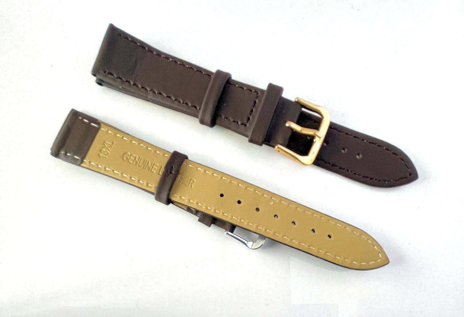 The Genuine Leather Watch Strap - Brown 18mm features a gold coloured buckle and XL length, with "Genuine Leather" embossed on the tan underside. Both sides are leather, displayed on a white background.