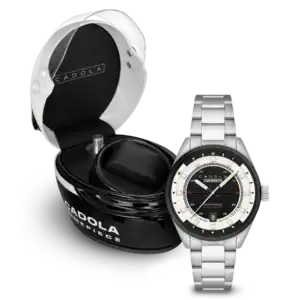 The Cadola DFV-COSWORTH HELMET WATCH WINDER SET Phil CD-1025-BB is shown with its open black and white branded oval case featuring a padded interior, highlighting the silver wristwatch inside. Last one available—pay with Klarna.