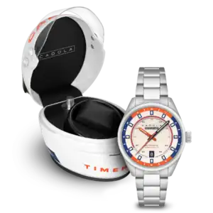 The Cadola DFV-COSWORTH HELMET WATCH WINDER SET Michael CD-1025-CC features a silver wristwatch with a white, orange, and blue dial displayed beside a white helmet-shaped watch case bearing the Cadola name inside.