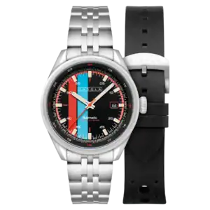 The Cadola Pista Automatic Black features a metal bracelet, black dial with red, blue, and white accents, and a date window. A black leather strap with a Cadola buckle is displayed beside the watch.