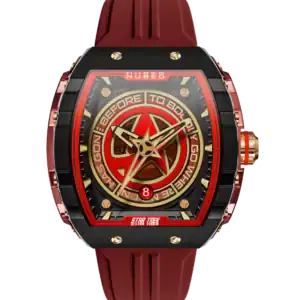 The Nubeo STARFLEET LIMITED EDITION Danger Red NB-6098-02 is a red and gold wristwatch inspired by Star Trek, with a Vulcan symbol, the phrase “The needs of the many outweigh the needs of the few or the one,” red strap, and angular case.