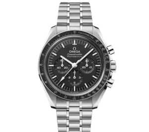 A stainless steel Omega Speedmaster Professional wristwatch with a black dial, three sub-dials, white hour markers, and a tachymeter bezel, displayed on a matching metal bracelet.